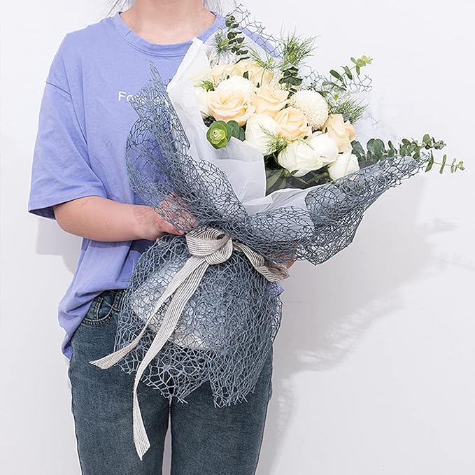 Korean Jacquard Net Mesh Openwork Floral Wrapping Paper 1 Roll Florist Supplies Flower Bouquet Wrapping Paper Floral Supplies for Fresh Flowers, 50cm x 5 Yard (Khaki)
