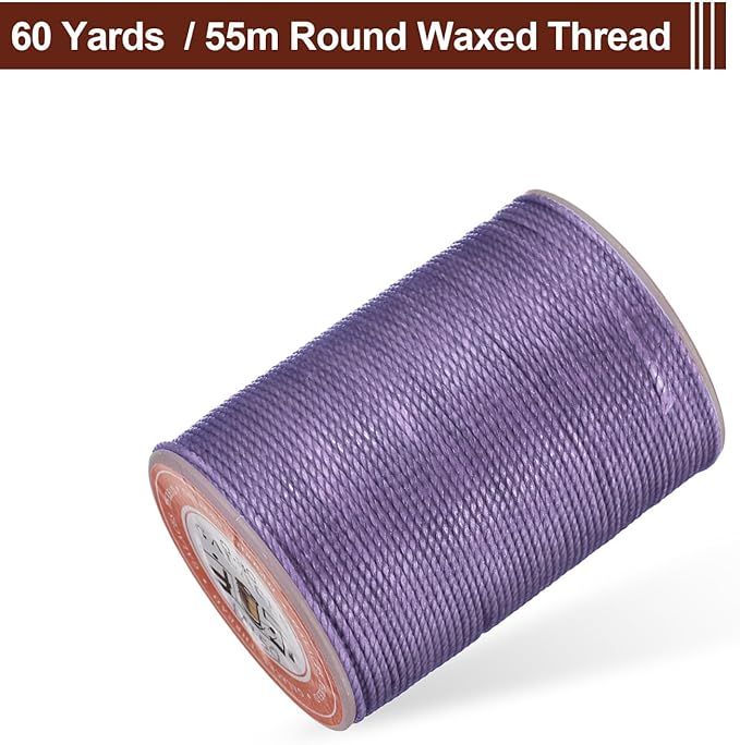 uxcell Round Leather Sewing Waxed Thread, 55m / 60 Yards Wax Polyester String, 0.8mm Waxed Stitching Cord for Leather Crafts, Bookbinding, Bracelets Braided, Light Purple
