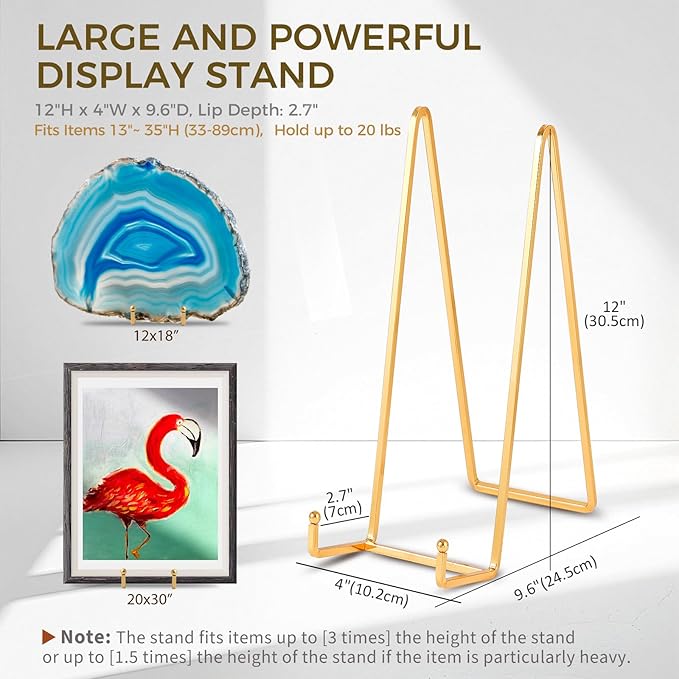 Large Plate Holder Display Stand - 12 inch Super Tall Big Plate Stands for Heavy Duty Display - Metal Picture Frame Stand - Tabletop Easel Stand for Decorative Platter | Plaque | Book - 2 Pack - Gold