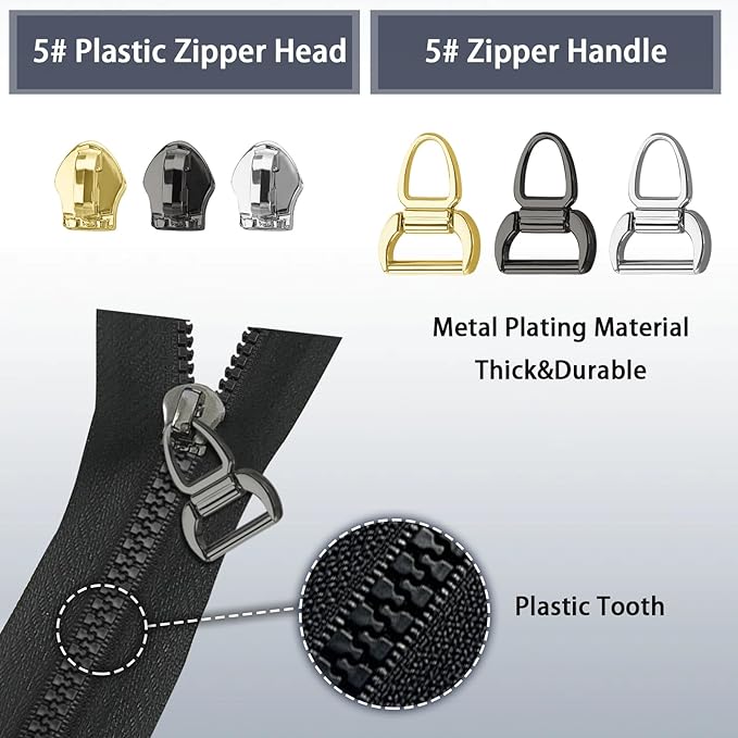 VICHERIA Zipper Repair Kit (45 Pcs), Universal Zippers for Sewing, Replacement Slider Pull Fix Kit for Jackets, Coat, Boot, Backpack, Purse (5#-B-9Pcs)
