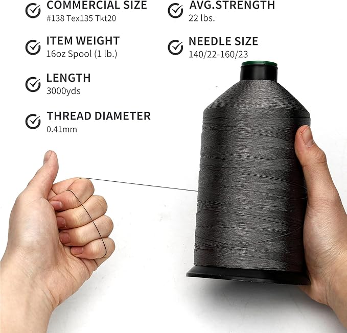 Extra Strong Bonded Nylon Thread #138 Tex135 – 16 OZ, 3000yds, Versatile Stitching Solution for Leather, Upholstery, Canvas Repair and More (Dark Gray)