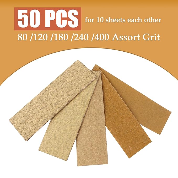 Mini Sander Kit of Detail Hand Sanding Tools and 50 PCS 80/120/180/240/400 Grit Wet Dry Sandpaper Assortment Pack for Wood Furniture, Small DIY Projects and Crafts Polishing