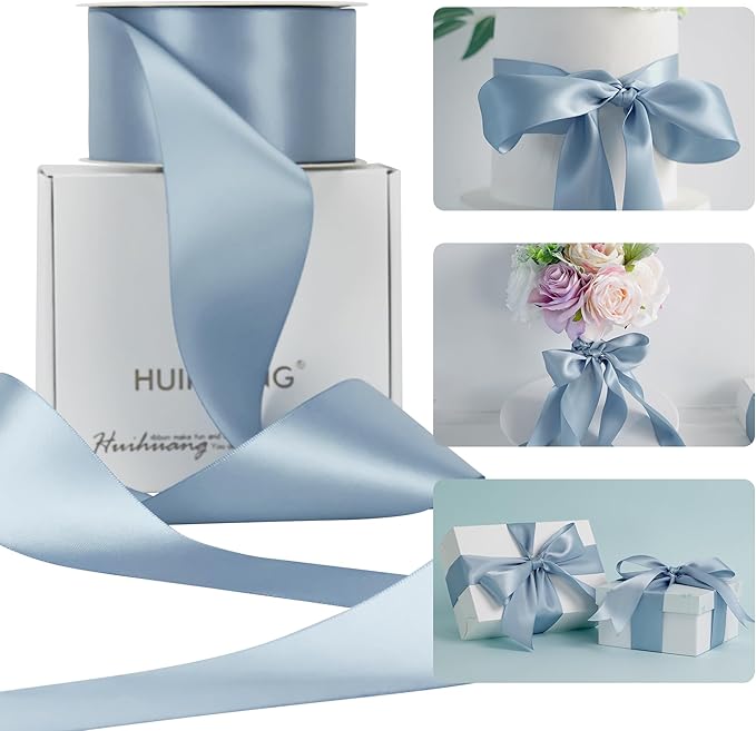 HUIHUANG French Blue Ribbon 2 inch Wide Double-Faced Blue Satin Ribbon for Crafts, Bows Making, Flower Bouquet Wrap, Gift Wrapping, Wedding Bridal Shower Decor, Home Decor -25 Yards/Roll