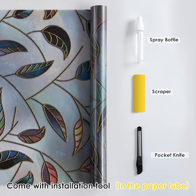 DKTIE Static Cling Decorative Window Film Vinyl Non Adhesive Privacy Film, Multilayer UV Inkjet Technology, 3D Thickened Stained Film (S166, 17.7'' x 118.1'')