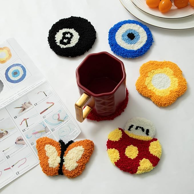 Anidaroel Punch Needle Coaster Kit, Punch Needle Kits for Adults Beginners Include 6 Pattern Tufted Coasters with Adhesive Felt Yarns, Hoops, Tools, Coaster DIY Needle Punch Craft