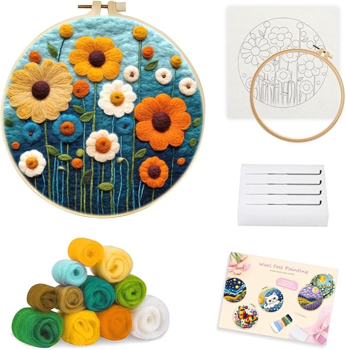 yesJRL Needle Felting Kits Beginners, Natural Landscape DIY Wool Needle Felting Starter Kit, Floral Needle Felt Set with Foam Pad, Felt Cloth and Instructions, Used for Home Decoration (Blue)
