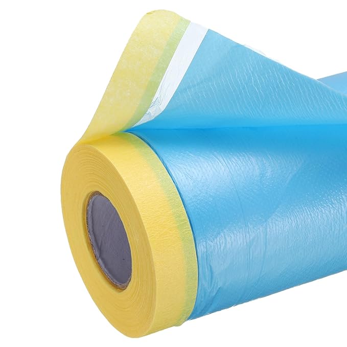 uxcell Pre-Taped Masking Film, 4.9ft x 66ft Plastic Paint Drop Cloth with Medium-Tack Painters Tape for Painting Spraying Protection Blue Film 6Pcs