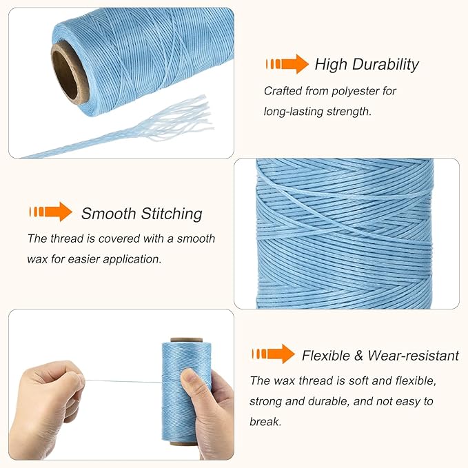 MECCANIXITY Waxed Thread,284 Yard 0.8mm 150D Flat Wax Thread Polyester Waxed String for Leather Sewing Hand Weaving Book Binding Home Decoration,Light Blue