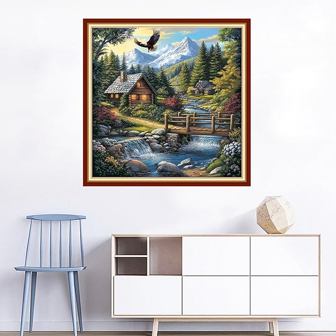 Joyhoor Cross Stitch Kits for Beginners Stamped Cross-Stitch Supplies Needlework preprint Embroidery Kits for Adults DIY Needlepoint Kits Embroidery Patterns 11CT-Creek Cottage 18x18 inchs