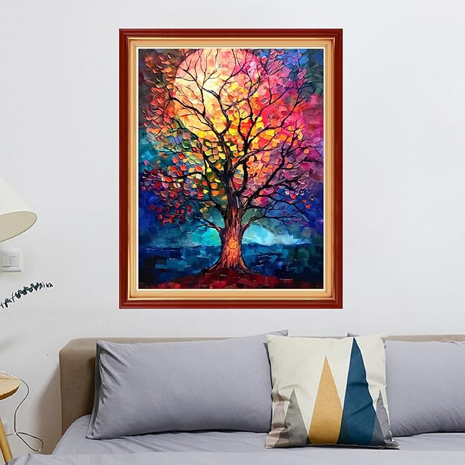 Stamped Cross Stitch Kits - Beach Night Landscape Counted Cross Stitch Kits for Beginners Adults Needlepoint Cross-Stitch Patterns-Moonlight Tree 16x20 inchs
