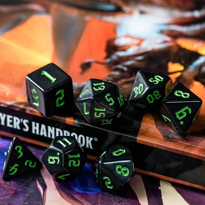 7-Die DND Dice Set Polyhedral Dice Set with a Leather Dice Bag, D&D Dice Set for Dungeons and Dragons, RPG Table Games (Black)
