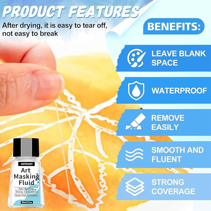 Watercolor Masking Fluid, Liquid Masking for Painting Watercolor Accessories with Silicone Pen Cleaning Brush Retouching and Covering for Painting and Various Art Projects Supplies,White 30ml