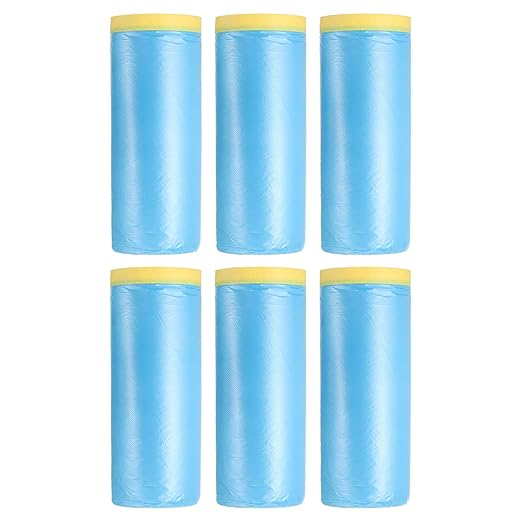 uxcell Pre-Taped Masking Film, 4.9ft x 82ft Plastic Paint Drop Cloth with Medium-Tack Painters Tape for Painting Spraying Protection Blue Film 6Pcs