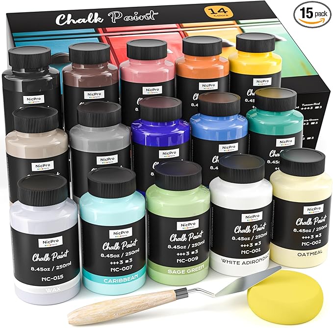 Nicpro 14 Colors Chalk Paint for Furniture, Ultra Matte Finish Acrylic Craft Paint Set (8.45 oz, 250ml) Chalk Furniture Paints with Liquid Wax, Color Wheel for Crafts, Home Decor, Beginner and Artists
