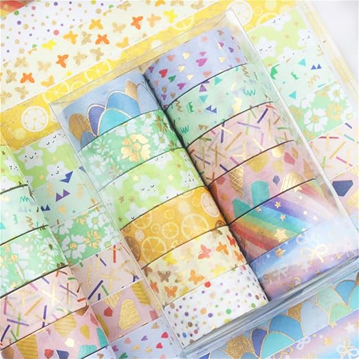 Candy Color Washi Tape Set 12 Rolls Bronzing Decorative Holiday Arts and Craft Washi Masking Tapes for Scrapbooking,Bullet Journal, Planner,Gift Wrapping, Stationery