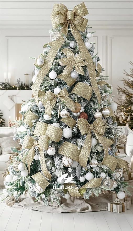 HUIHUANG Champagne Glitter Wired Ribbon for Christmas Tree 2.5 inch Champagne Gold Diamond Mesh Ribbon for Tree Decoration, Wreaths, Garland, Gift Wrapping, Bows Making, Home Decor -10 Yards