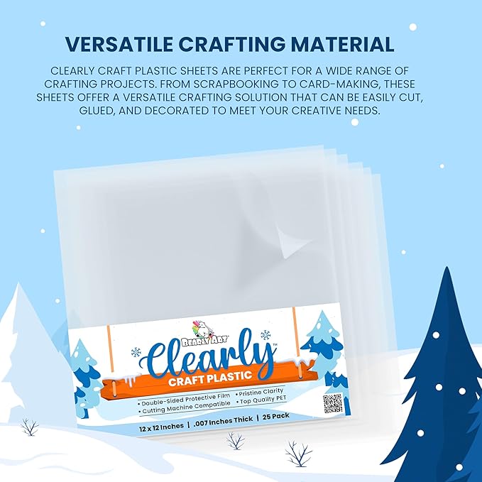 Bearly Art Clearly Craft Plastic - Crystal Clear Acetate Sheets for Crafts 12x12 - .007" - BPA Free - Compatible with Cricut and More - 25 Pack