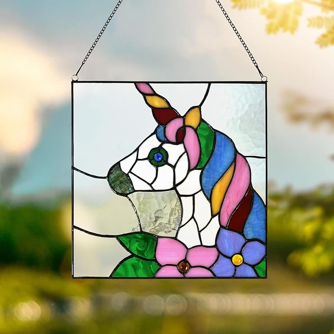 PA0003 Stained Glass Window Panel 12" Wx12 H Window Suncatcher Tiffany Style Window Hanging, Unicorn Home Hanging Decorations for Girls Kids Bedroom Birthday Party Decoration