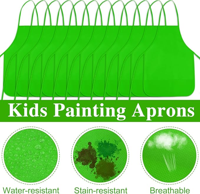 12 Pieces Green Kids Painting Aprons With 2 Roomy Pockets for Art, Activity, Kitchen, and Crafts