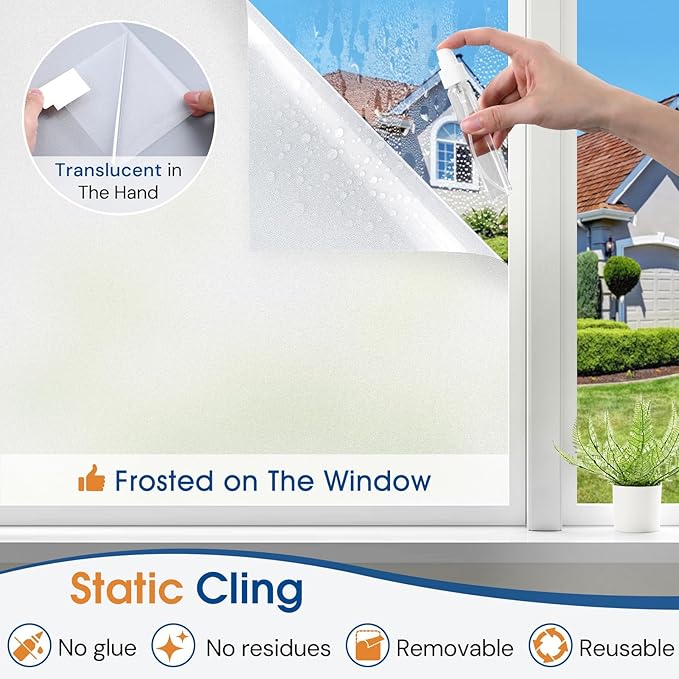 Homein Frosted Glass Window Privacy Film with Tools UV Blocking Privacy Film for Glass Windows, Static Cling No Glue Removable Reusable Anti Glare for Home Day and Night, Pure 23.6x78.7 inch