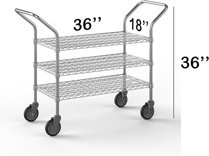18" W x 36" L x 36" H Chrome Heavy Duty Utility Cart | 3-Tier | NSF Commercial Storage Rack Mobile Unit | Storage and Mobility Solution for Your Business