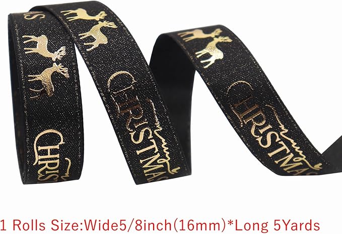Christmas Gift Wrapping Ribbon, Red, Green, 2 Rolls Printed Grosgrain Ribbons for Crafts, Floral Bouquets, Sewing, Party and Festive Holiday Decor (2 Rolls(Black/Gold), 1 Rolls=5/8in * 5Yards)