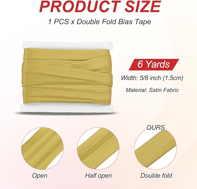 MECCANIXITY Double Fold Bias Tape for Sewing 5/8 Inch x 6 Yards Satin Pre-fold Continuous Binding Tape for Seaming Quilting Hemming Binding DIY Crafts, Gold Tone