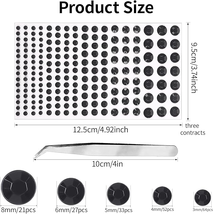 Self Adhesive Face Gems and Pearls for Makeup, Festival Jewels, Hair Gems Pearls, 3/4/5/6/8 mm Round Rhinestone Stickers for Face, Eye, Makeup, Body, Crafts 591Pcs (13_Black)