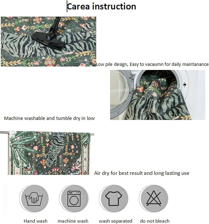 Oriental Tropical Washable Rugs, Greyish Green Boho Vintage Hippie 5x7 Area Rugs for Living Room Bedroom Kitchen Entryway Dorm, Abstract Botanical Animal Tribal Indian Accent Carpet