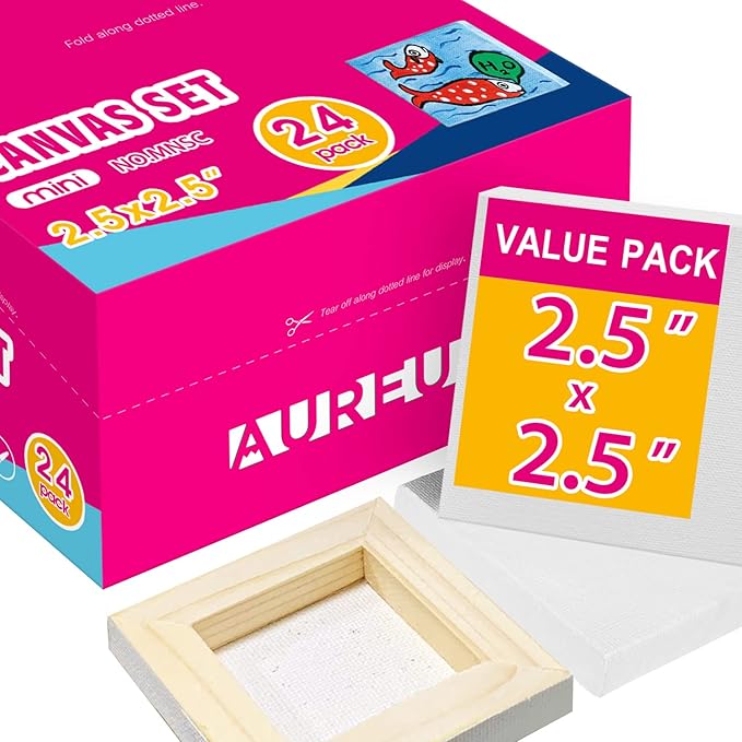 AUREUO Mini Stretched Canvas - 2.5x2.5 Inch / 24 Pack - 2/5 Inch Profile Small Square Canvas - Gift Set Bulk Pack Canvases for Acrylic Painting & Craft