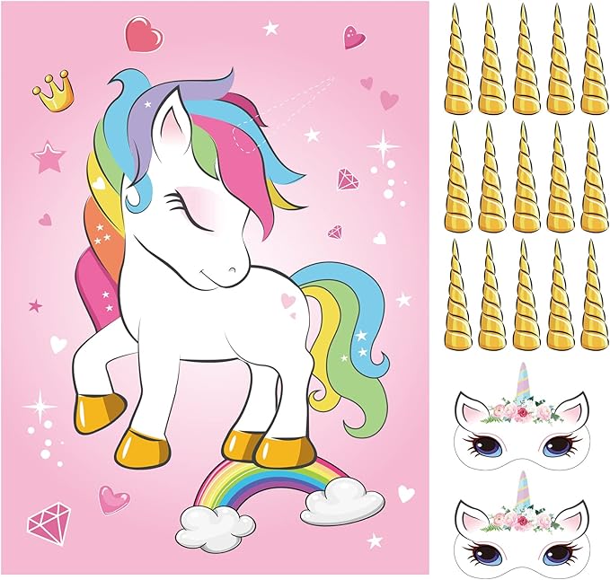 ASTARON Pin The Horn on The Unicorn Birthday Party Game with 30 Horns for Unicorn Party Supplies Favors Girls Rainbow Party Decorations, Pin The Tail Game for Christmas