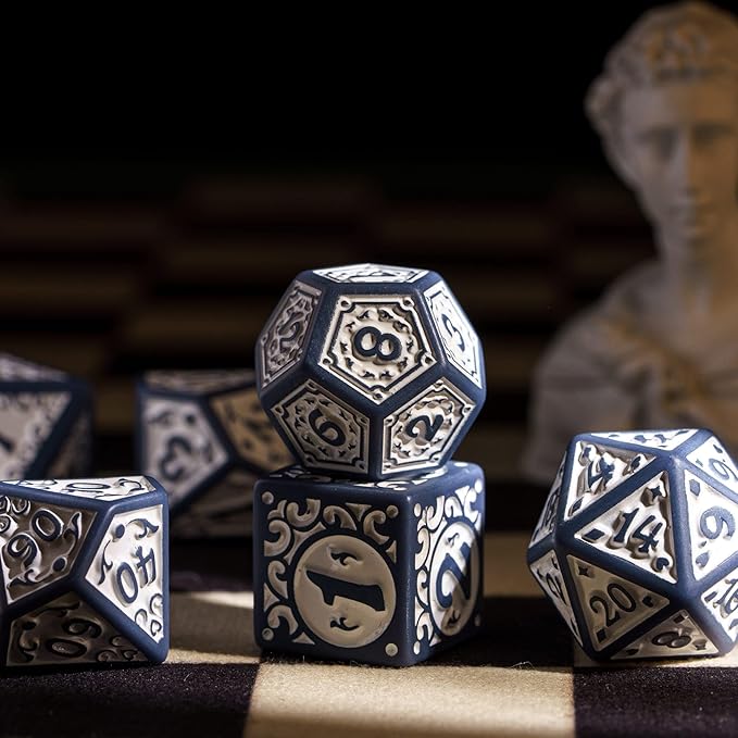 7-Die DND Dice Set New Pattern Polyhedral Dice Set with Leather Bag D&D Die for RPG Table Games(Blue White)