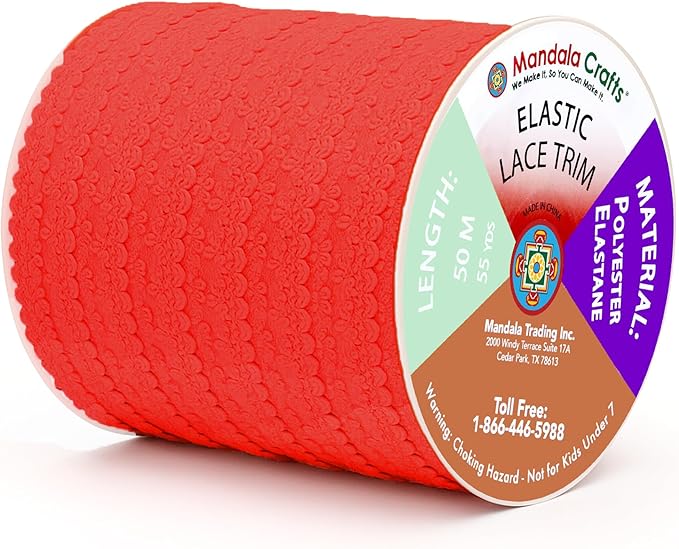 Mandala Crafts Red Stretch Lace Soft Elastic Trim Roll - 55 Yards 1 Inch Wide Stretchy Frilly Picot Ribbon for Sewing Lingerie, Headbands, Underwear, and Crafts