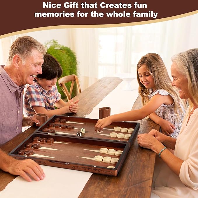 Handcrafted Wooden Backgammon Set - 16x15.3inch, Oversized Pieces, Intricate Carvings, Premium Travel Game Board for Adults & Kids (Star)
