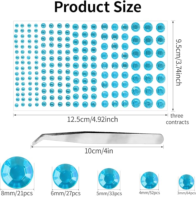 Self Adhesive Face Gems and Pearls for Makeup, Festival Jewels, Hair Gems Pearls, 3/4/5/6/8 mm Round Rhinestone Stickers for Face, Eye, Makeup, Body, Crafts 591Pcs (19_Aqua Blue)