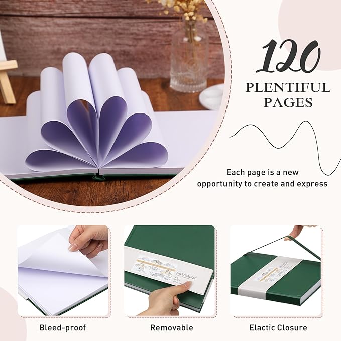 Moinchore Back to School Gifts Square Sketchbook 8 x 8 Inch Hardcover Art Sketch Book Drawing Papers 120 Pages, Mixed Media Journal Notebook with Elastic Closure Sketchbook for Drawing(Green)