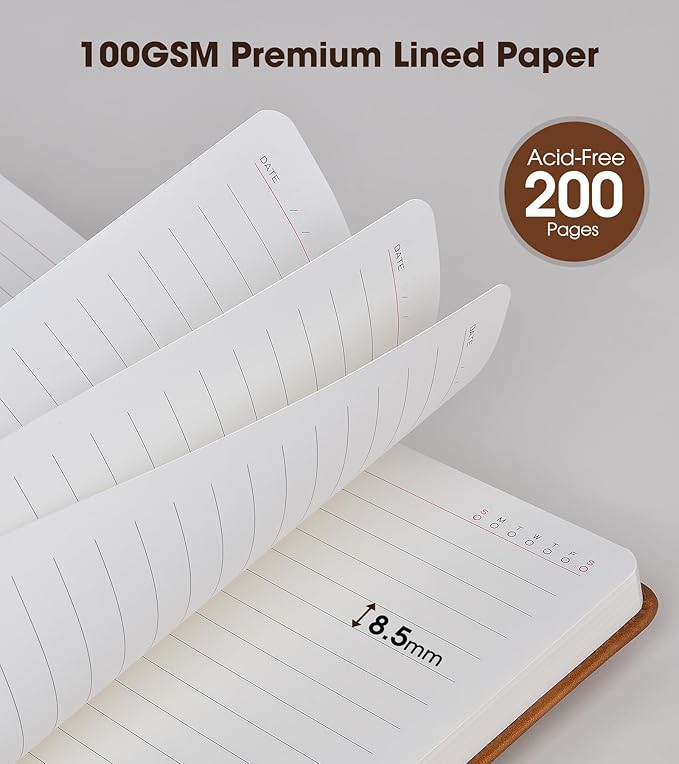 Brown A5 Lined Leather Journal Notebook for Men Women,5.9" X 8.4" Personalized Hardcover Journal with Pen,200 Pages 100 Gsm Thick Ruled Paper Daily Diary for Travel,Business,Work,Writing
