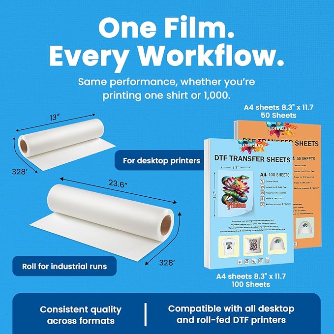 DTF Transfer Film Roll 23.6in x 328ft (Pack of 2) – Premium Plus Hot & Cold Peel – Double Matte Anti-Static – Heat Transfer Film for Vibrant Colors & Durable Prints – Works with All DTF Printers