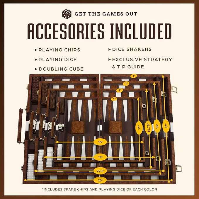 Get The Games Out Backgammon Set, Classic Board Game Case, 2 Players, Includes Strategy & Tip Guide, Perfect for Parties and Family Game Nights - Extra Large, Brown