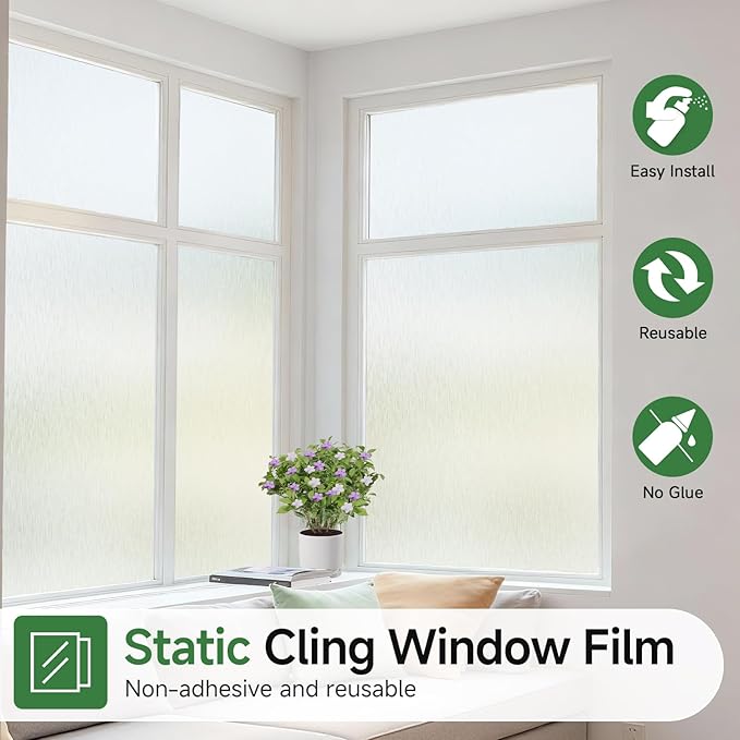 Borsky Frosted Glass Window Film - Static Cling, 96% UV Blocking Non-Adhesive Privacy Window Film, Removable Window Cling with Day & Night Privacy for Bathroom Home Office 17.5 x 118.1 Inches, Pure
