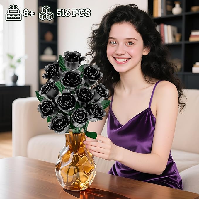Black Rose Bouquet Building Blocks, Artificial Roses Flowers Botanical Collection Building Set, Gothic Home Decor, Christmas Halloween Birthday Present for Adults Kids Lover