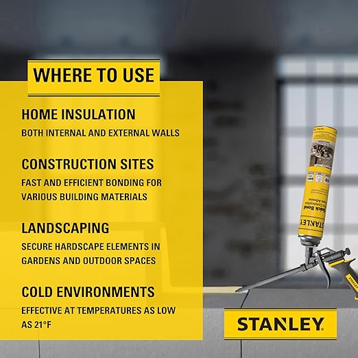 Stanley Quick Bond Adhesive Foam - 1x24oz, Reliable Bond Adhesive for Various Materials, Strong bonding, No Mixing, Gun Use, Including Gun, Cleaner | 1 Pack