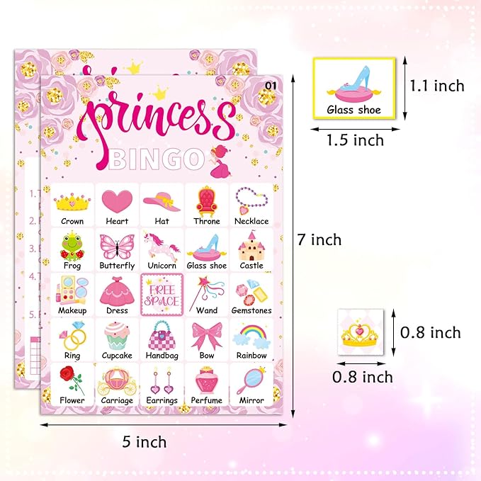 Pink Princess Bingo Game 24 Players Bingo Games Cards for Tea Party Decorations Princess Birthday Family Holiday Party Supplies School Activities Bridal Shower Wedding Party Favors