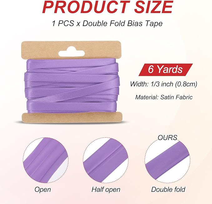 MECCANIXITY Double Fold Bias Tape for Sewing 1/3 Inch x 6 Yards Satin Pre-fold Continuous Binding Tape for Seaming Quilting Hemming Binding DIY Crafts, Light Purple