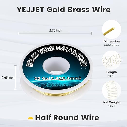 20 Gauge Half-Round Brass Wire 0.81x0.41mm - 1.3 oz 55 Feet for Jewelry Making Wire, Model Making, Craft Projects
