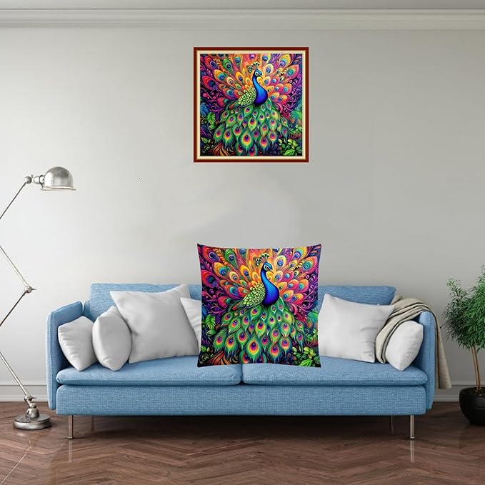 Fanxvivy Stamped Cross Stitch Kits for Adults Beginners Pillow Needlepoint Kit with Embroidery Pattern Needlework Kit Prestamped Stitches Kit 11CT Cross Stitching-Colorful Peacock 18x18 inch