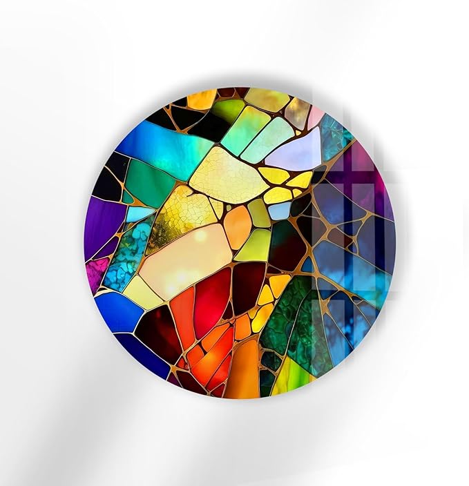 My Photostation.com 20''(50cm) Diameter Multicolor Round Stained Glass Wall Art Vibrant Mosaic Abstract Panel Tempered Glass Printing Wall Decor Large Wall Art Wall Hangings