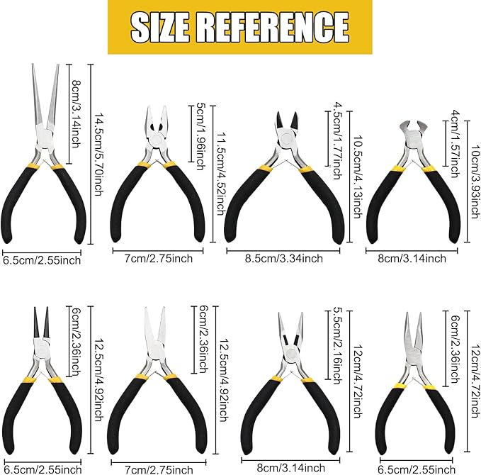 8pc 4.5" Mini Pliers Set - Long, Diagonal, End Cutting, Bent, Combination, Flat, Needle, Round Nose Pliers for Jewelry Making