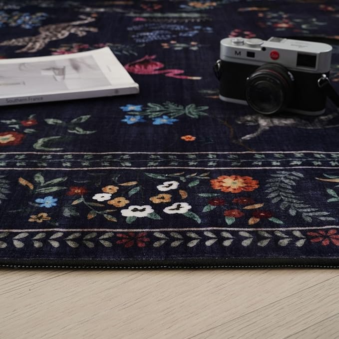 Rugcomf Runner Rug for Kitchen Rug Non Slip 2'6''x8' Washable Rugs with Rubber Backing Soft Floral Animal Carpet Runner for Kitchen, Laundry, Bedroom, Bathroom (Blue)
