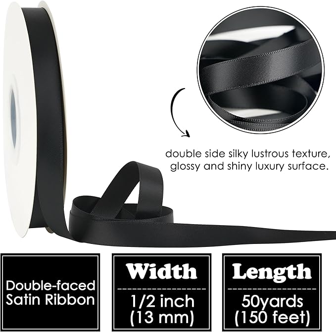 HUIHUANG Black Satin Ribbon 1/2 inch X 50 Yards Continuous, Black Double-Faced Satin Ribbon for Gift Wrapping, Bows, DIY Crafts, Flower Bouquet, Christmas Holiday Decor, Hair Bows